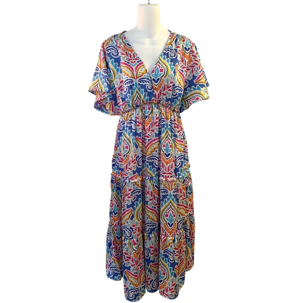 Umgee Shelly Dress Satin Paisley Print Ruffle Trim Tiered A Line Midi Small